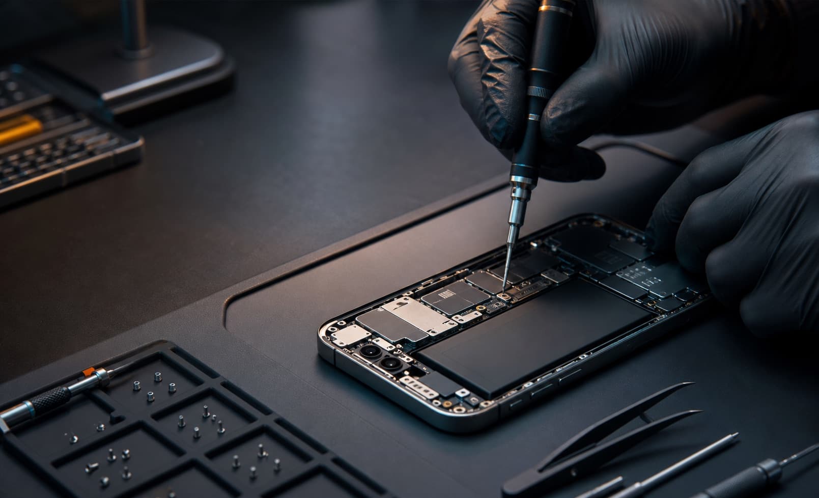 Reparo técnico de smartphone em bancada profissional